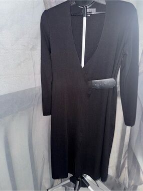 Donna Ricco New York Black Ribbed Knit Midi Dress with Faux Leather Belt Accent